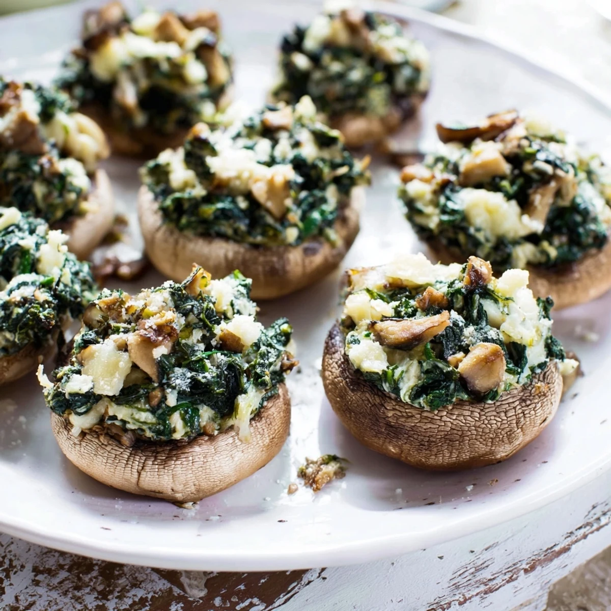 Delicious creamy spinach and artichoke stuffed mushrooms, baked until golden and bubbly, ready to serve warm.