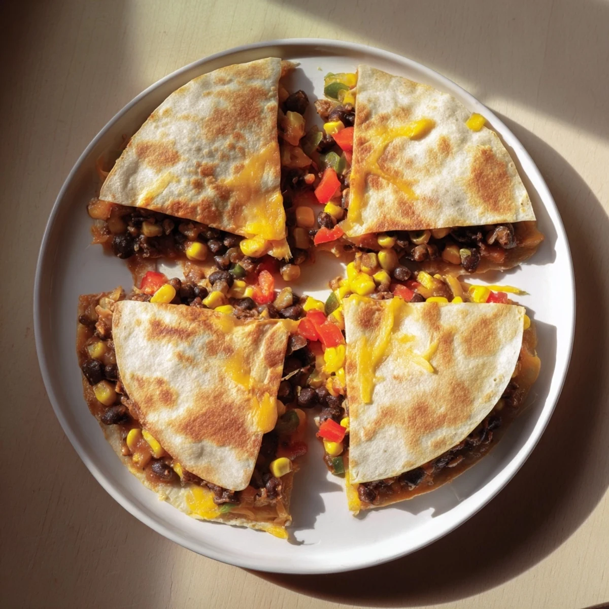Golden, cheesy Quick Black Bean and Corn Quesadillas, folded and ready to slice for a delicious, easy dinner.