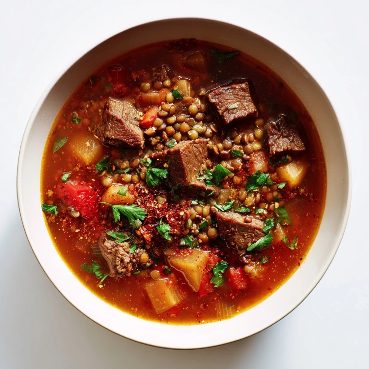 Steaming bowl of One-Pot Spicy Beef and Lentil Soup; a hearty, warming chili-like meal.