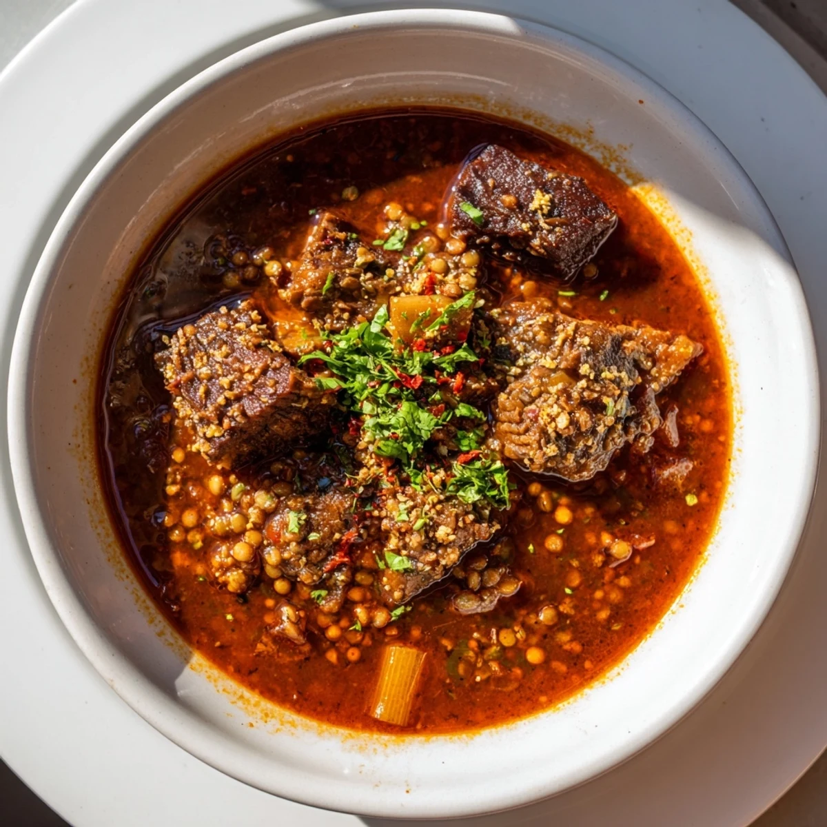 Delicious, flavorful One-Pot Spicy Beef and Lentil Soup, rich in beef and vegetables, ready to serve.
