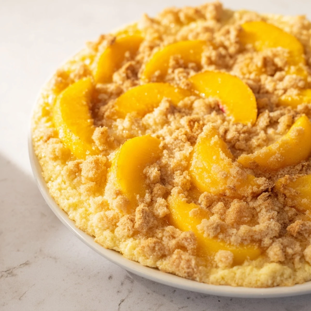 A warm, golden Rustic Peach and Almond Tart, with visible juicy peaches atop a buttery filling.