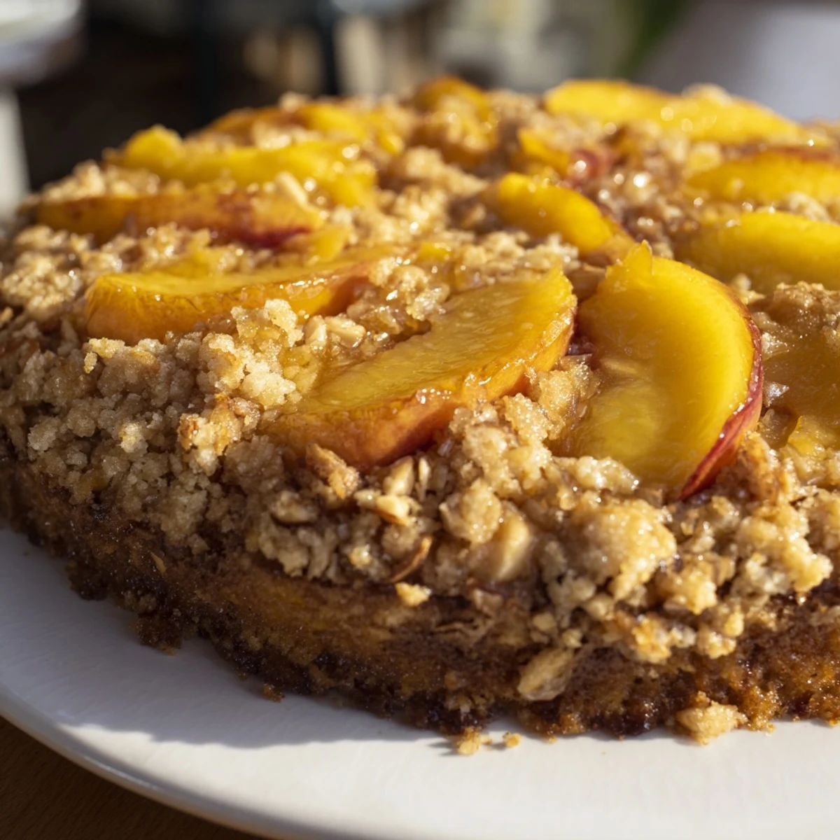 Close-up of a flaky Rustic Peach and Almond Tart after baking, showcasing a perfect crust and fruit.