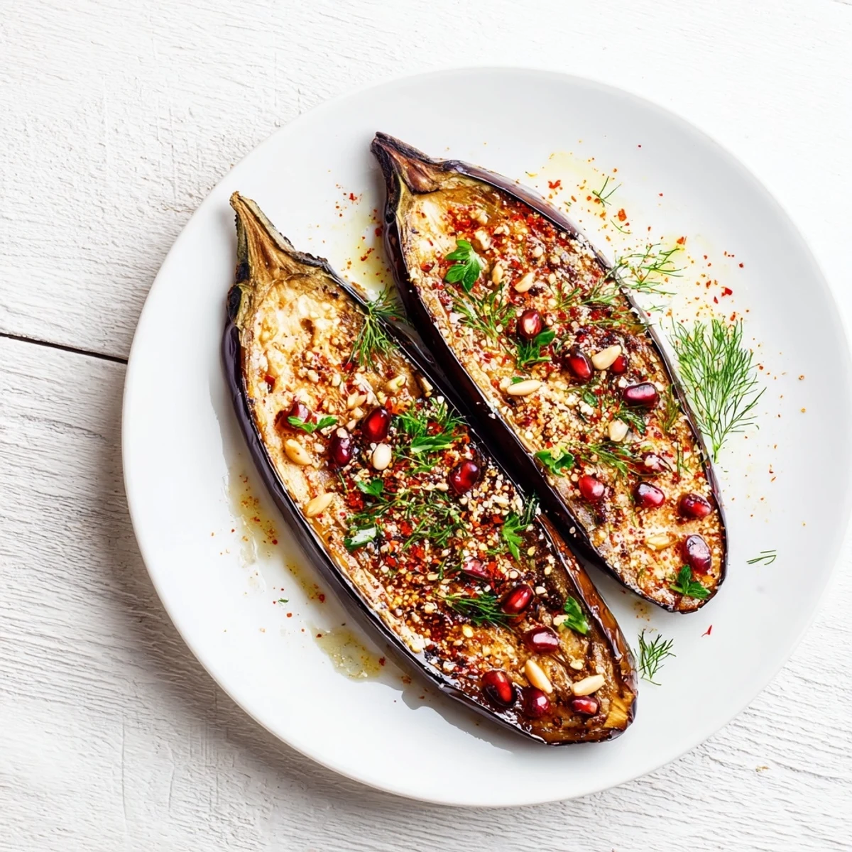 Roasted eggplant halves glistening with yogurt sauce and jewel-like pomegranate seeds; a vibrant vegetarian delight.