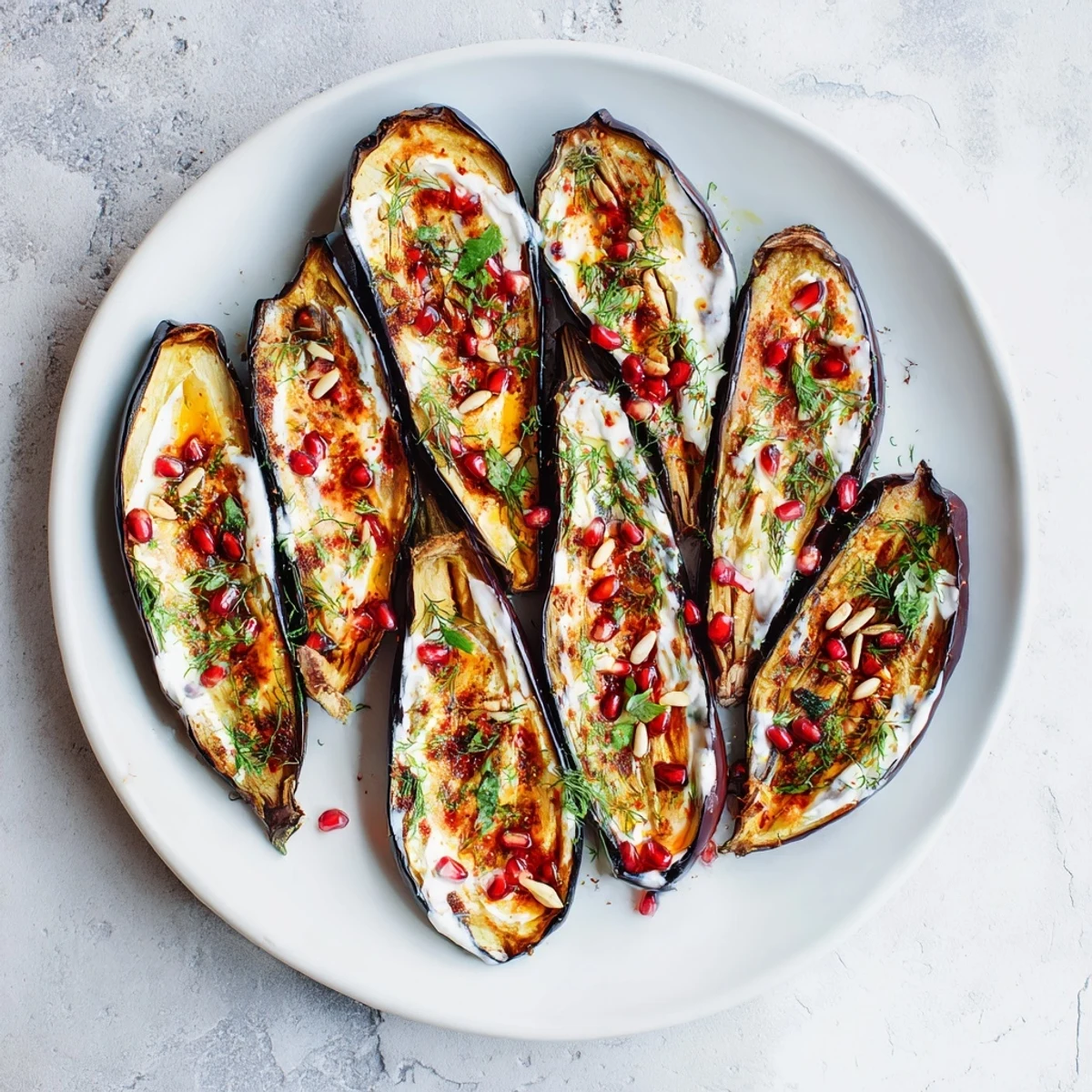 Savory roasted eggplant, beautifully garnished with fresh herbs and creamy yogurt, ready to serve with a drizzle.