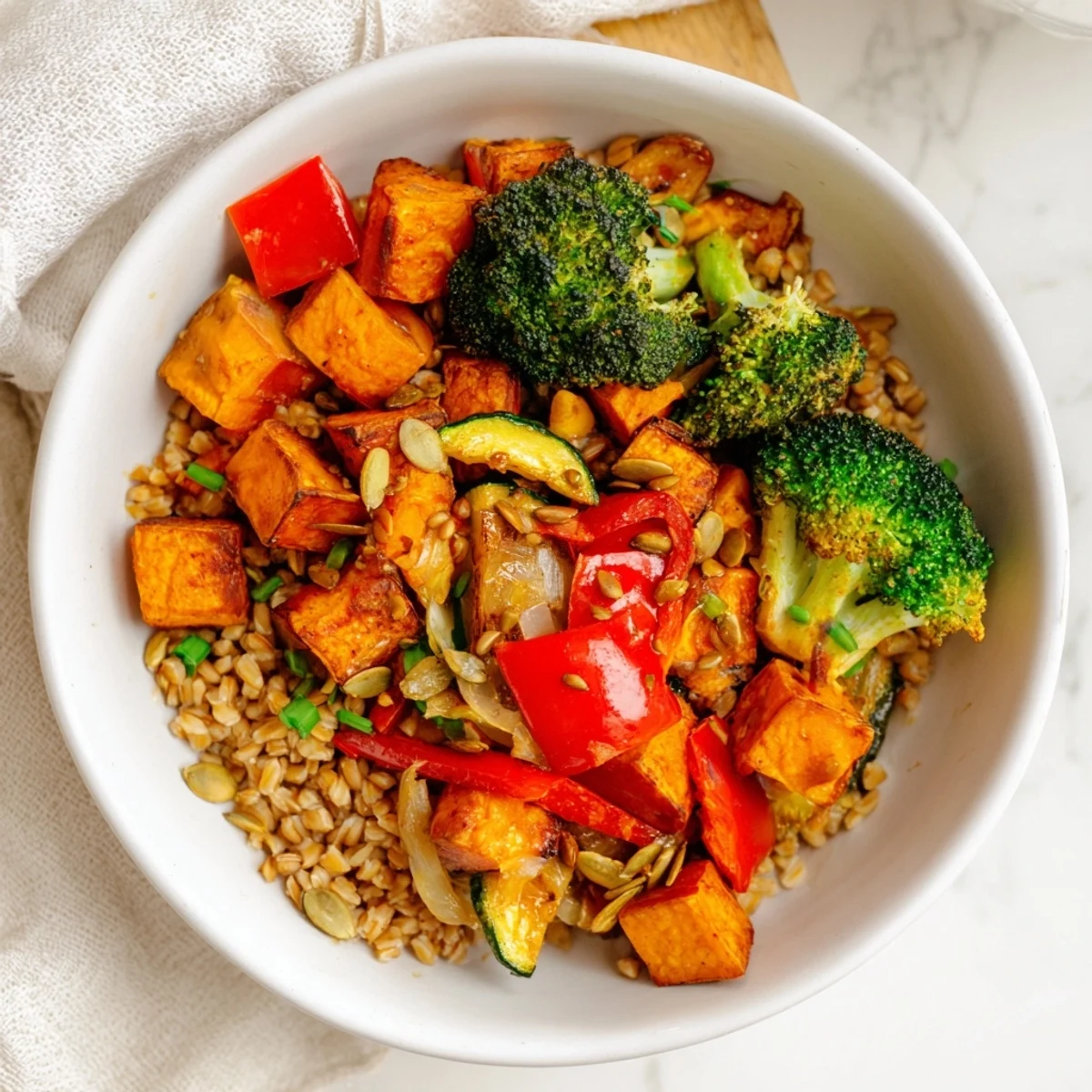 Hearty Roasted Vegetable and Farro Bowl with colorful roasted vegetables and creamy tahini dressing.