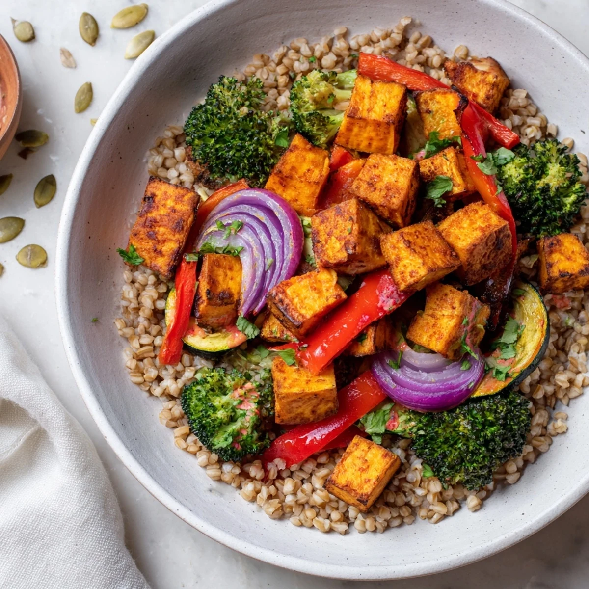 Warm, inviting image of a Hearty Roasted Vegetable and Farro Bowl, garnished with parsley and pepitas.