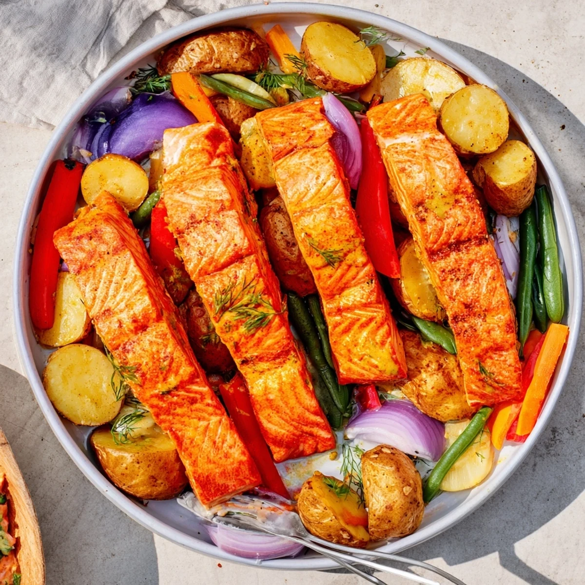 Golden-brown One-Tray Baked Salmon with Honey Mustard Sauce and vibrant roasted vegetables, perfect for dinner.