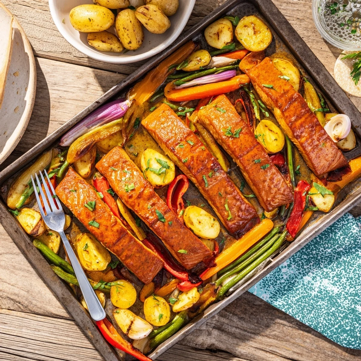 Savory One-Tray Baked Salmon coated in honey mustard, alongside tender carrots and potatoes, awaiting your fork.