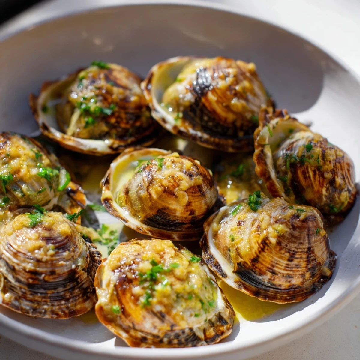 Golden-brown pan-seared scallops glistening with garlic butter alongside fresh parsley, ready to eat.