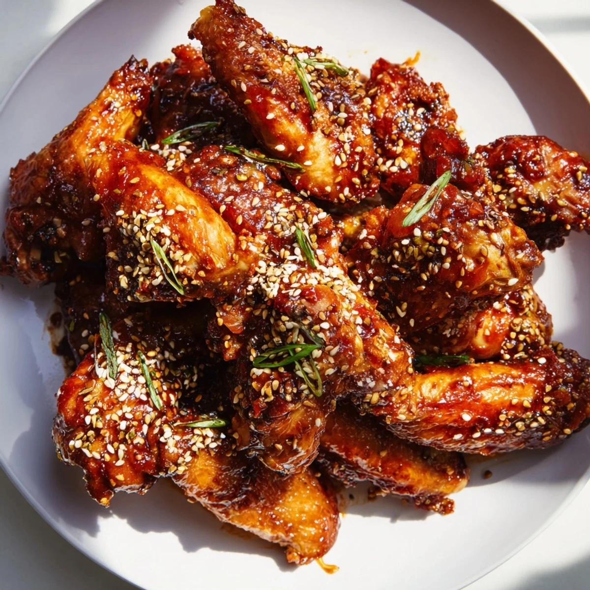 Golden, crispy Crispy Honey-Chili Glazed Chicken Wings glistening with a sweet, spicy glaze, ready to serve.