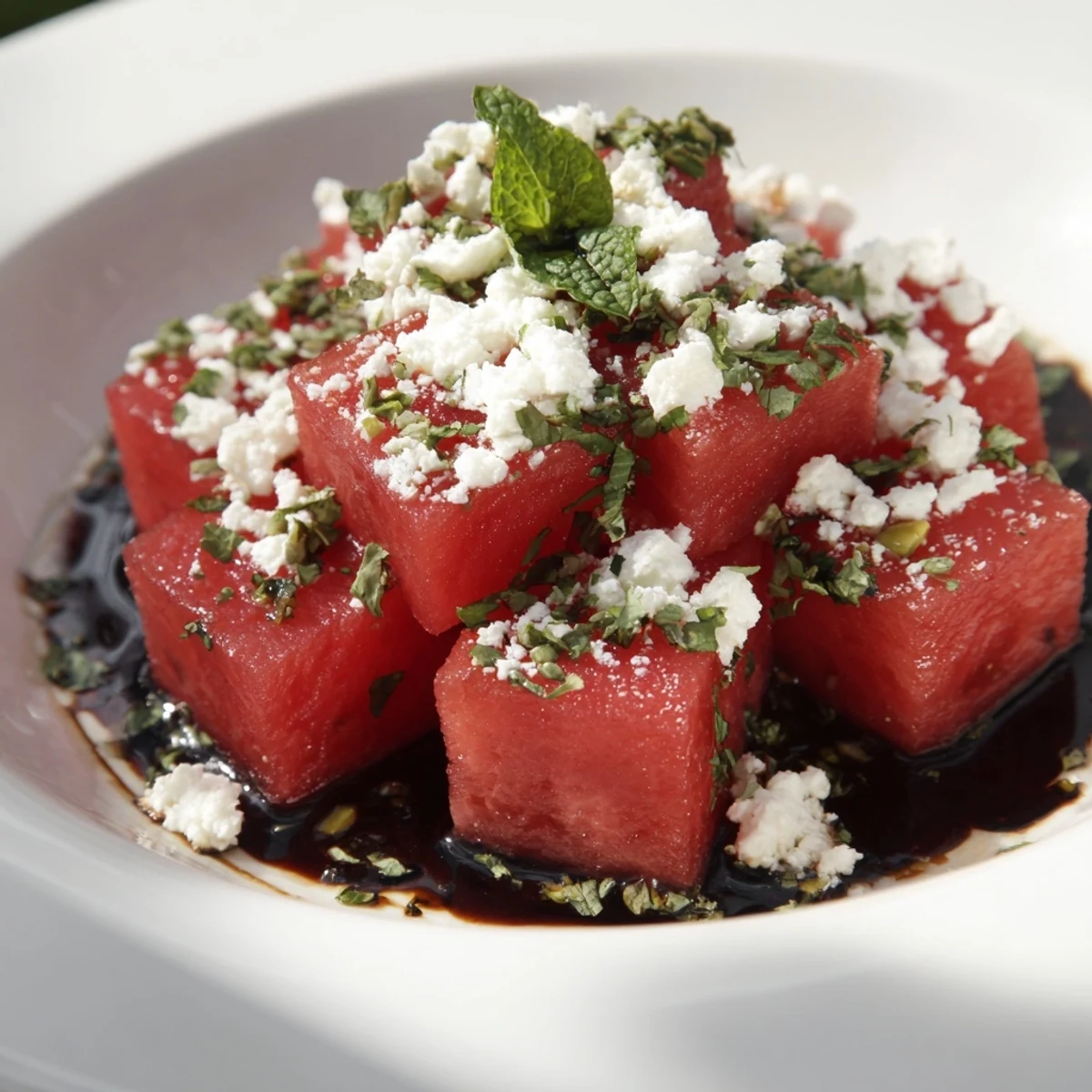 Cool, refreshing Fresh Watermelon and Feta Salad with Balsamic Glaze, perfect for a sunny day.