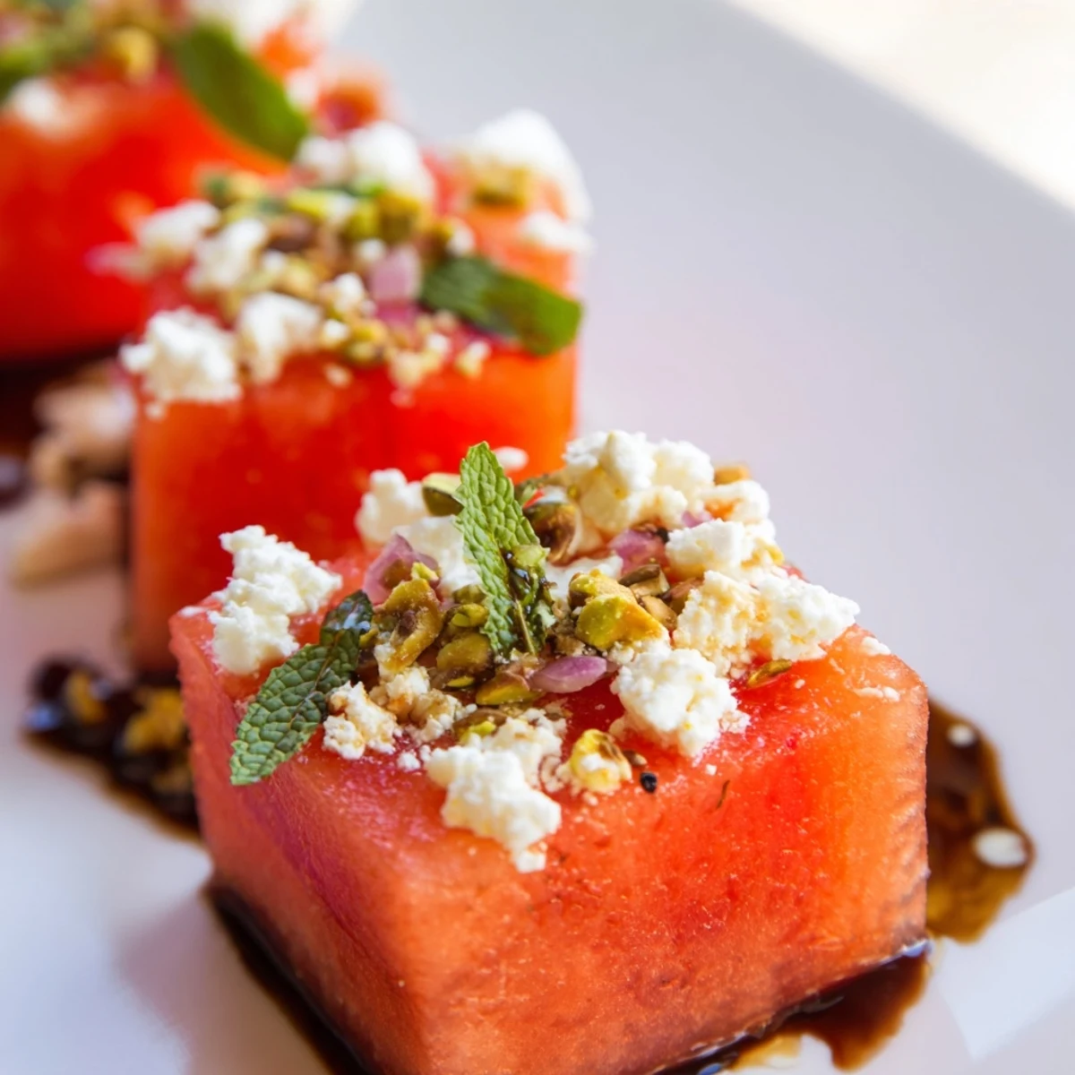 Bright red watermelon cubes with creamy feta in a bowl, Fresh Watermelon and Feta Salad.