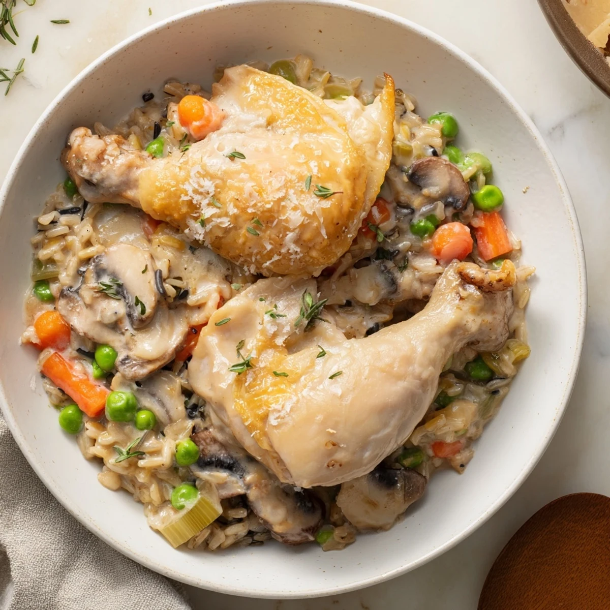 One-pan creamy chicken and wild rice, a bubbling golden dish filled with tender chicken and creamy sauce.