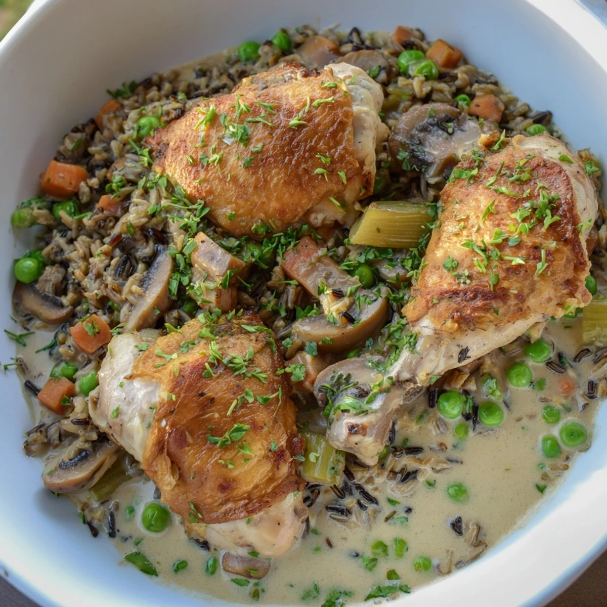 This all-in-one pan creamy chicken and wild rice shows comforting chicken and vegetables baked to perfection.