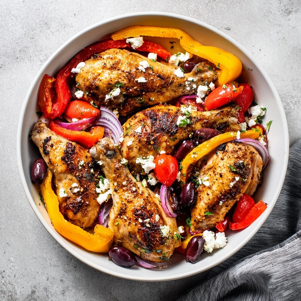 Tender Easy Sheet Pan Greek Chicken cooked with vibrant bell peppers, ready to be served hot.
