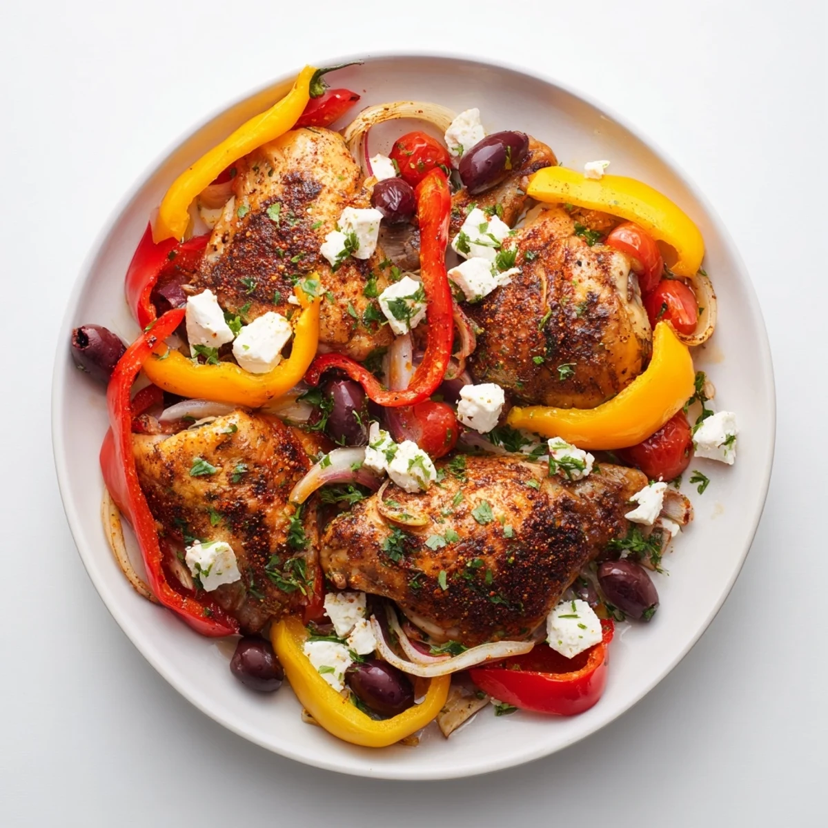 Golden, roasted Easy Sheet Pan Greek Chicken with herbs, mixed peppers, and crumbled feta cheese.