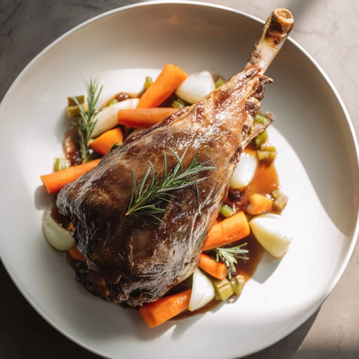 Tender slow-roasted lamb shanks presented with vibrant, roasted carrots and herbs, a truly comforting meal.