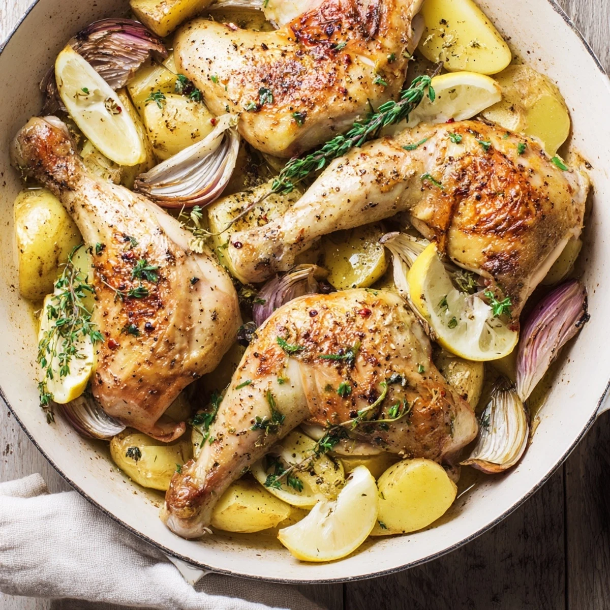 Golden-brown one-dish baked chicken thighs with lemon, thyme-infused potatoes, and savory juices.