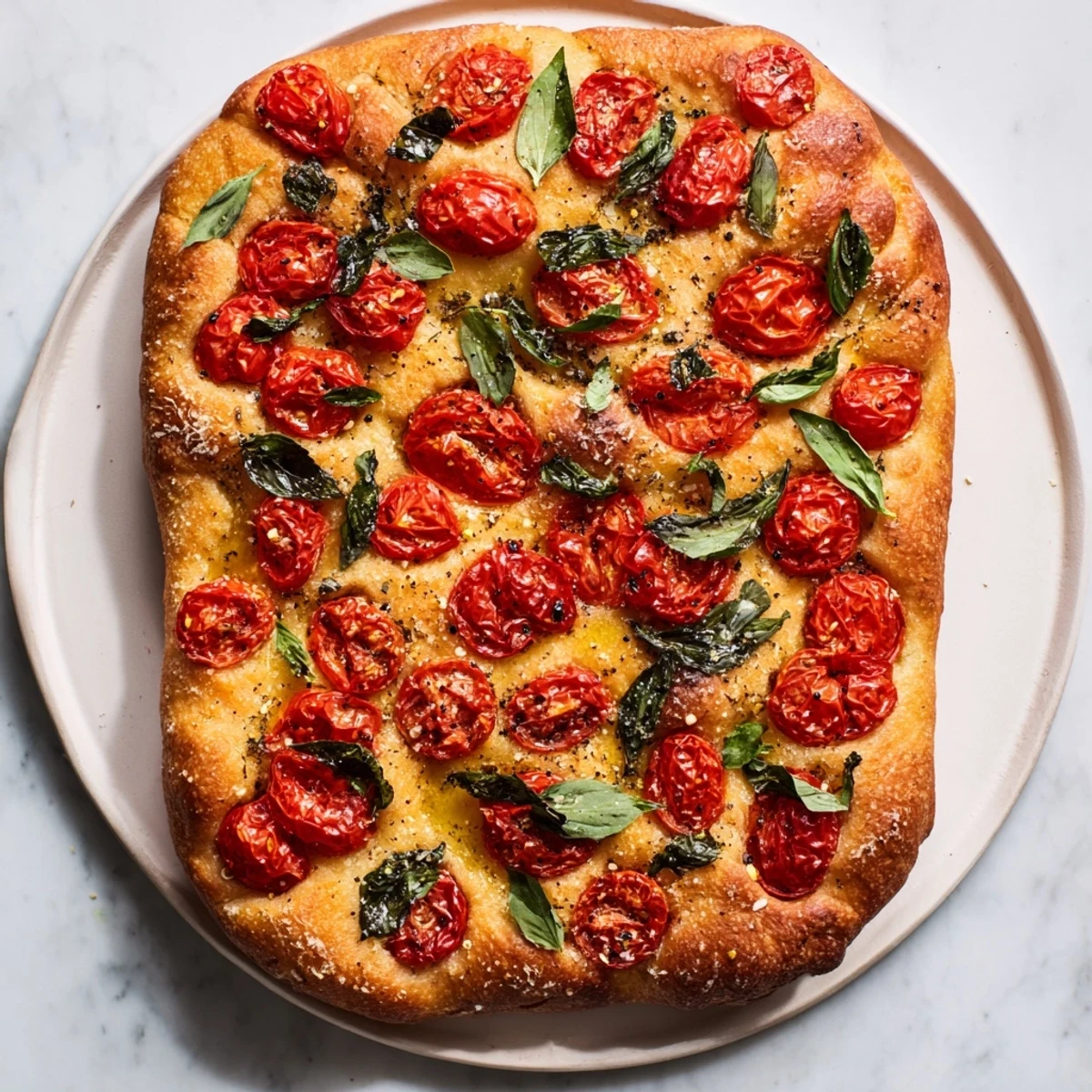 Golden, crispy Simple Homemade Tomato and Basil Flatbread with vibrant tomato slices and fresh basil.