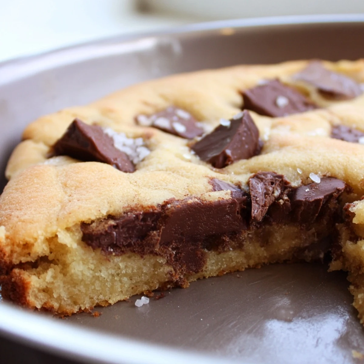 Warm chocolate chunk skillet cookie, still sizzling, served with creamy vanilla ice cream.