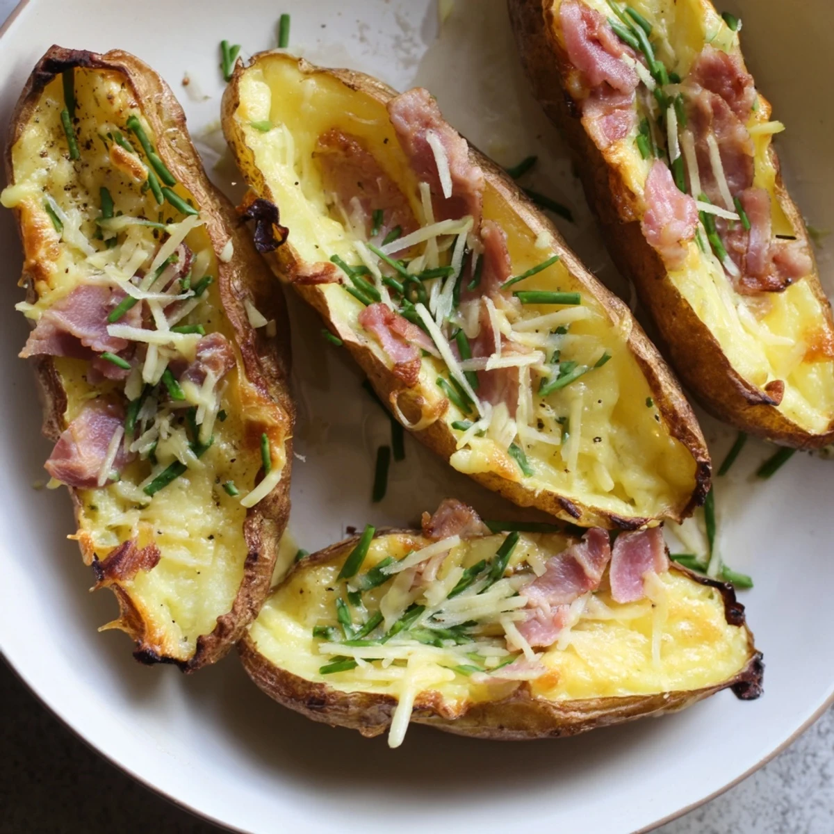 Golden, cheesy Crispy Air-Fryer Potato Skins topped with bacon, sour cream, and fresh chives.