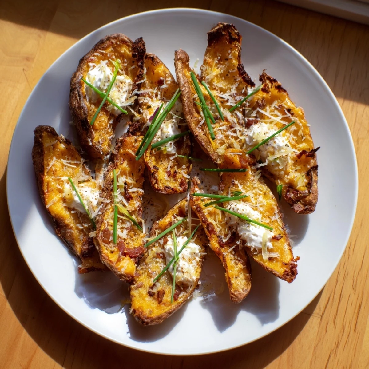A close-up of delicious Crispy Air-Fryer Potato Skins, offering a perfect crispy texture and cheesy fillings.