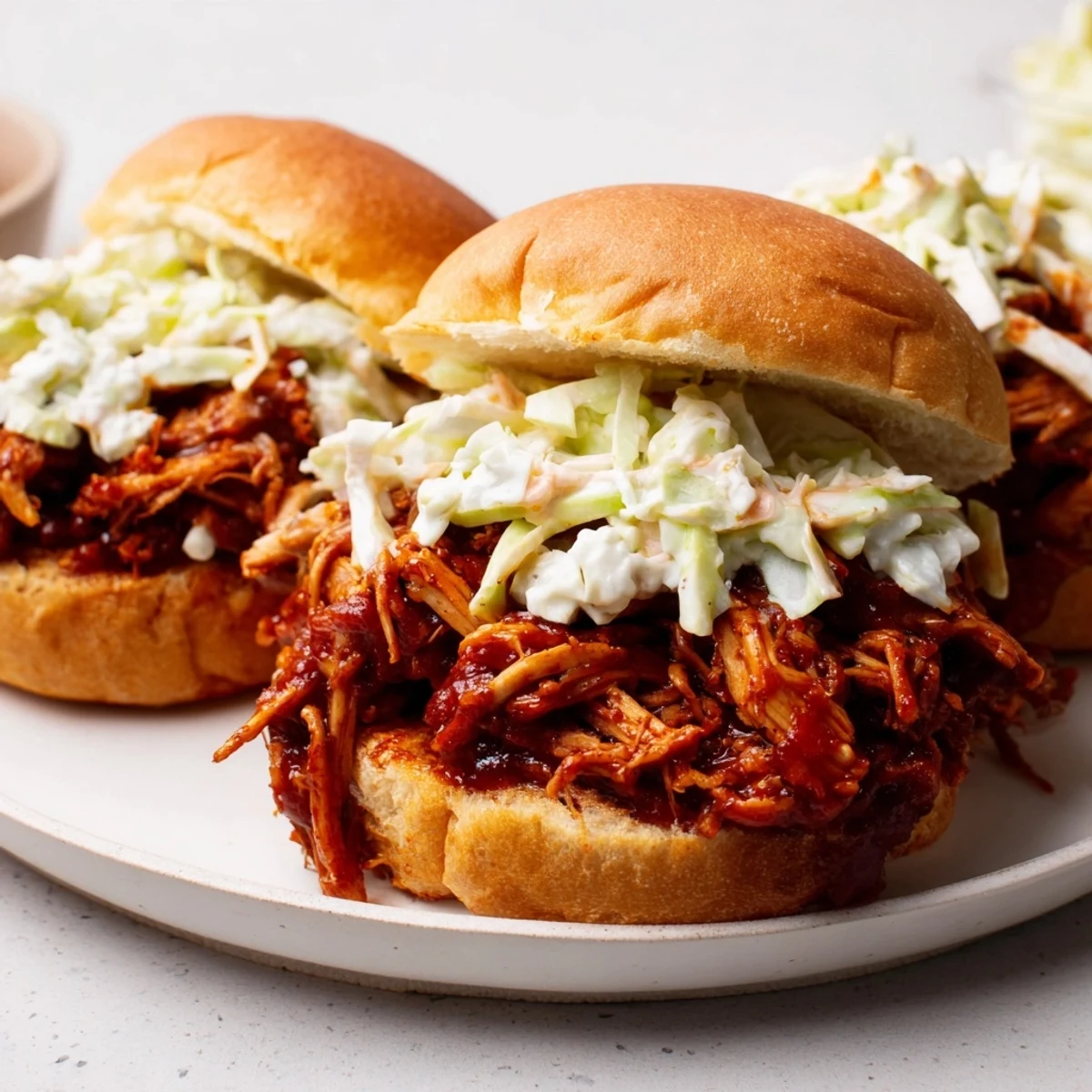 Savory BBQ jackfruit sliders piled high with tangy coleslaw, ready to eat.