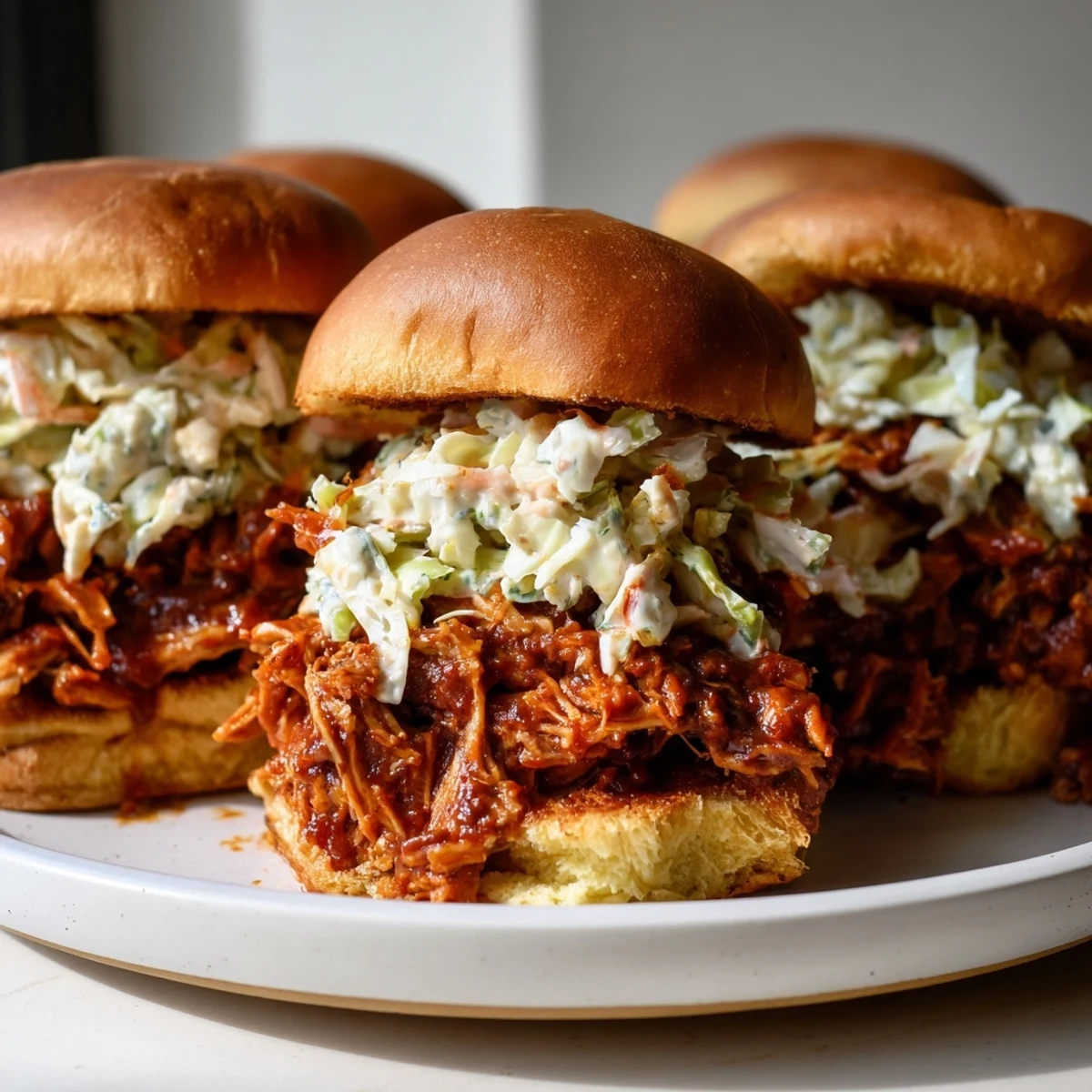 Close-up of bubbling BBQ jackfruit filling the vegan sliders on a toasted bun.