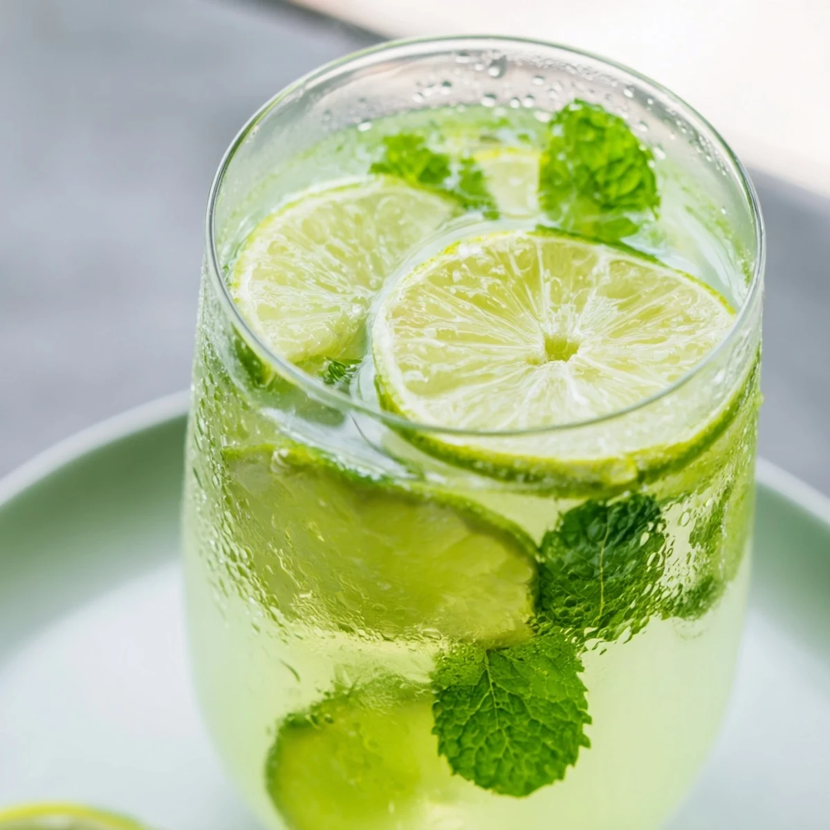 Fresh, green Mint Lime Agua Fresca is refreshing, garnished with a lime slice and mint sprig.