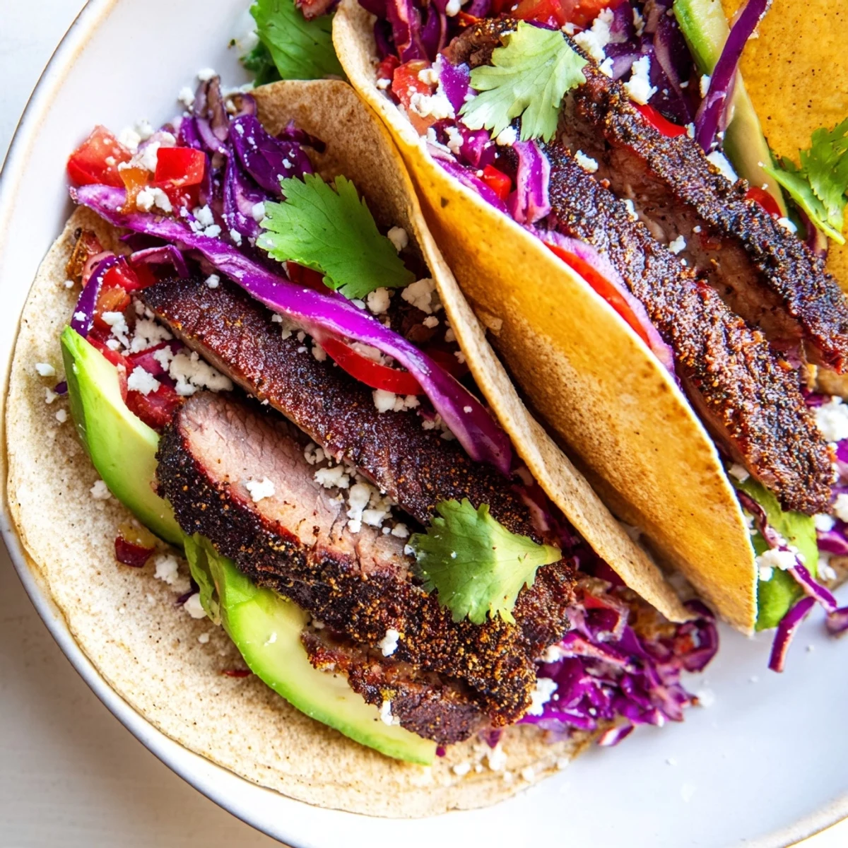 Coffee-Rubbed Steak Tacos, sliced and spilling out of warm tortillas, ready to eat with fresh toppings.