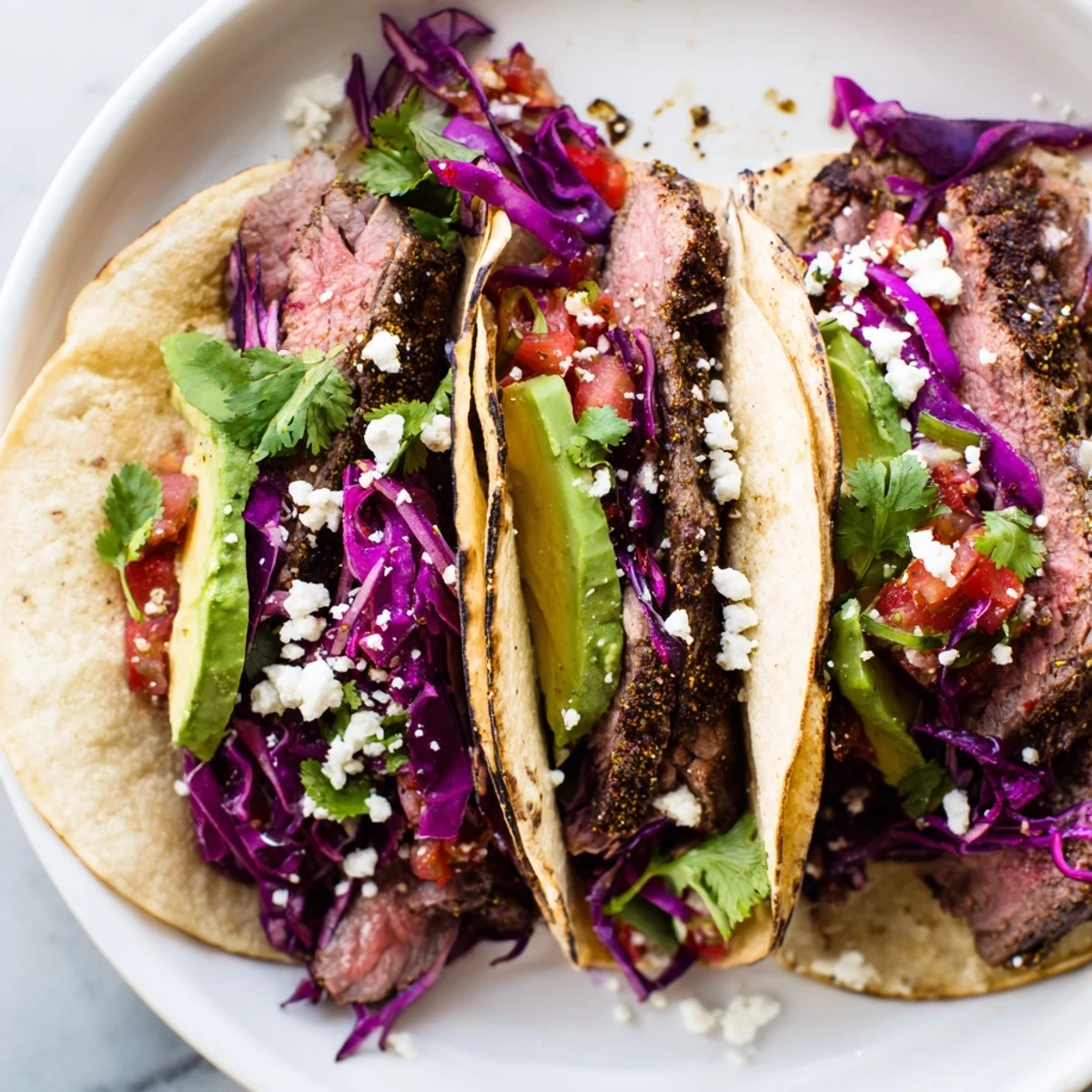 Grilled Coffee-Rubbed Steak Tacos, showcasing tender, juicy steak with colorful toppings like avocado and cilantro.