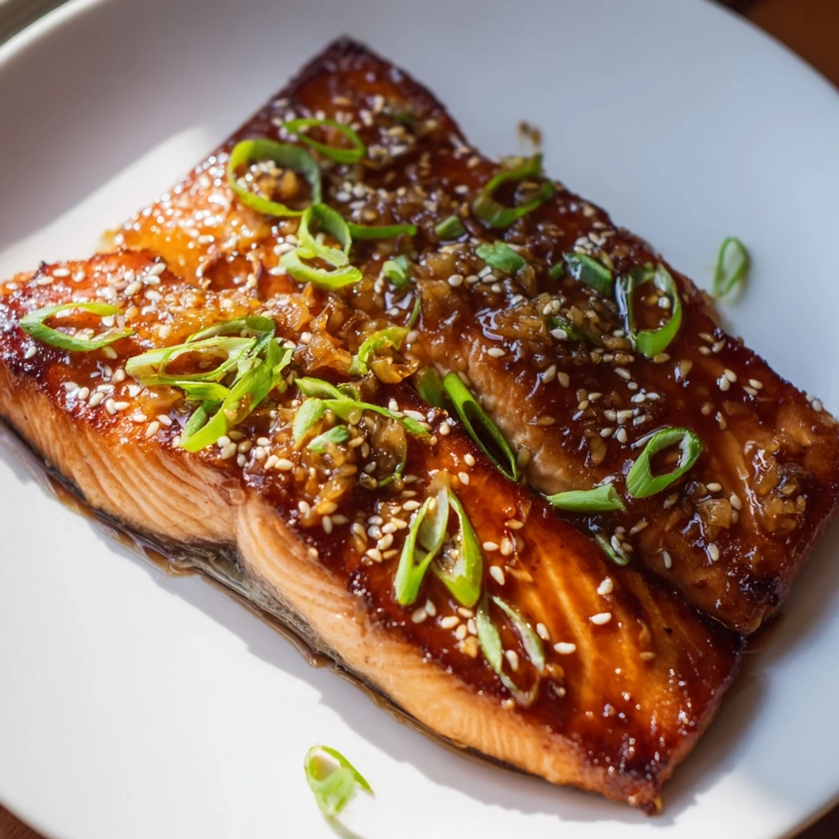 Crispy-skinned Ginger Soy Glazed Salmon glistening with a sweet, savory, Asian-inspired sauce, ready for serving.