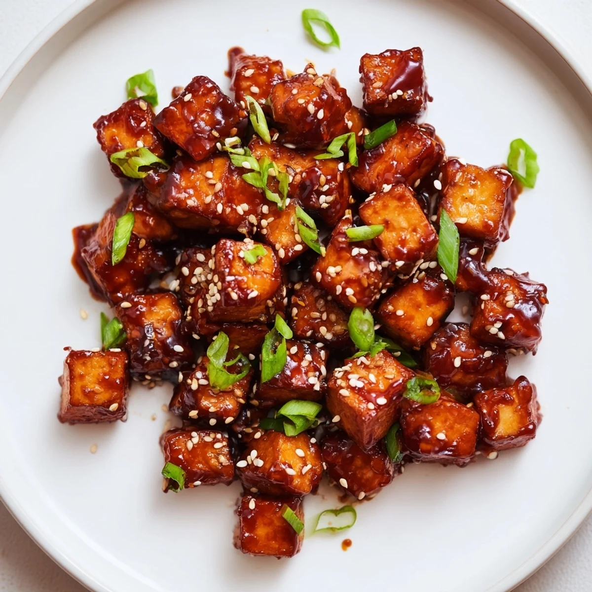 Golden honey gochujang tofu glistening, coated in a sticky sauce and scattered with sesame seeds.