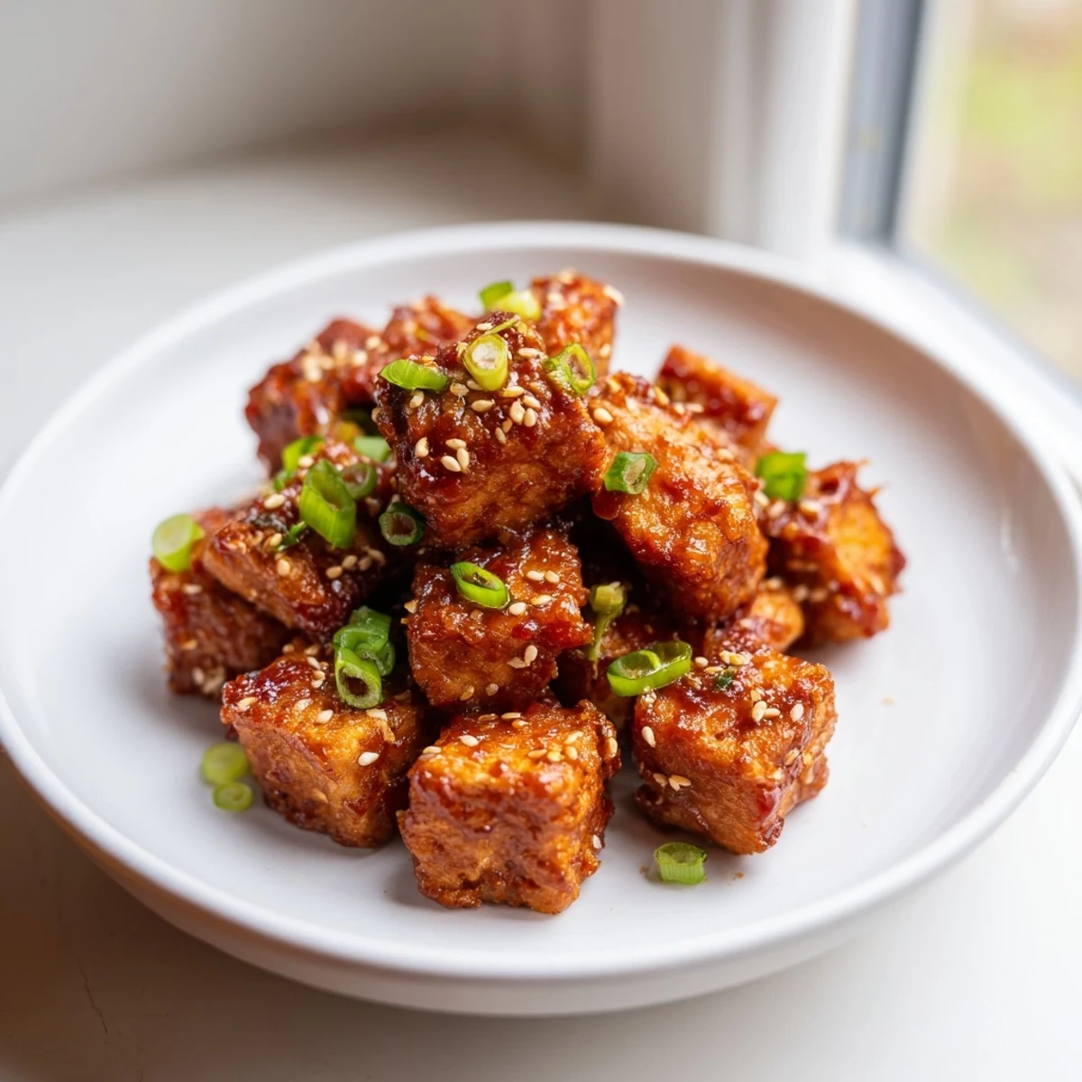 A close-up of savory honey gochujang tofu, perfect as an appetizer or served warm over rice.