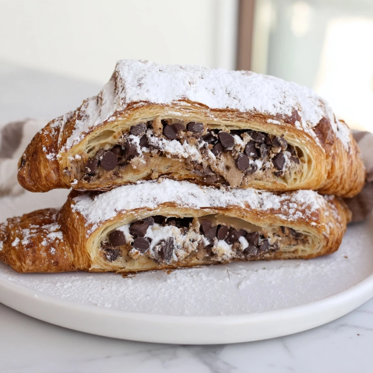 Warm, flaky Cookie Croissant with melted chocolate chips, perfect for a sweet breakfast treat.