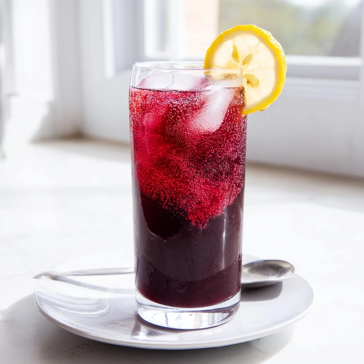 Served chilled in a tall glass: the vibrant red Sleepy Girl Mocktail garnished with fresh mint.