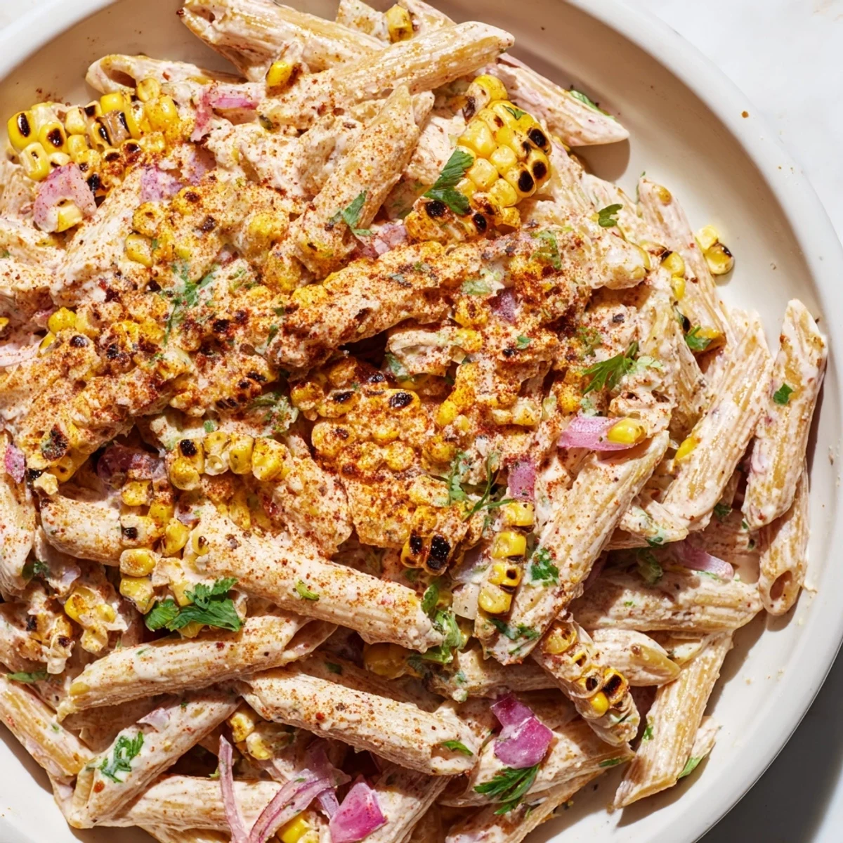 A close-up of Mexican Street Corn Pasta showcases vibrant colors and creamy textures, ready to eat.