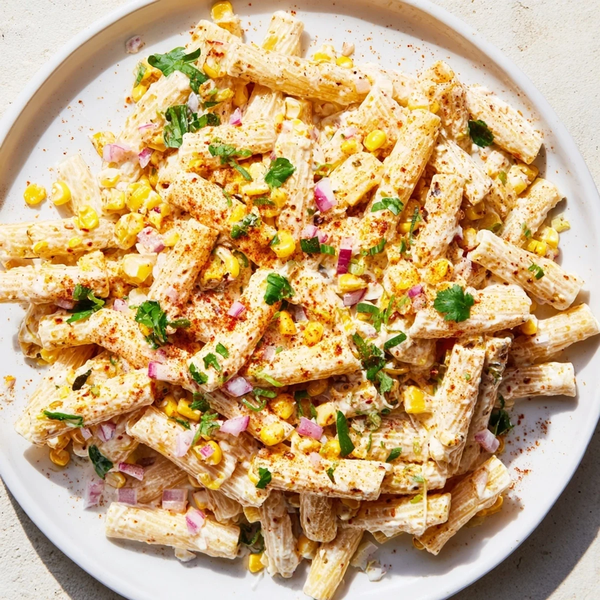 Bright and flavorful Mexican Street Corn Pasta; a perfect summer side dish, chilled and ready to serve.