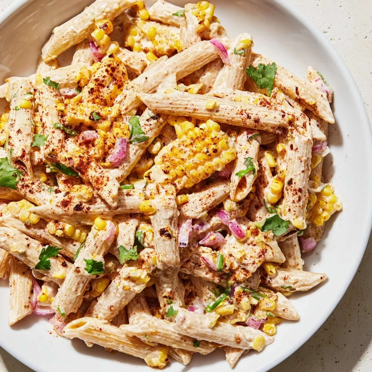 Beautiful bowl of cold Mexican Street Corn Pasta, featuring charred corn and crumbled cotija cheese.
