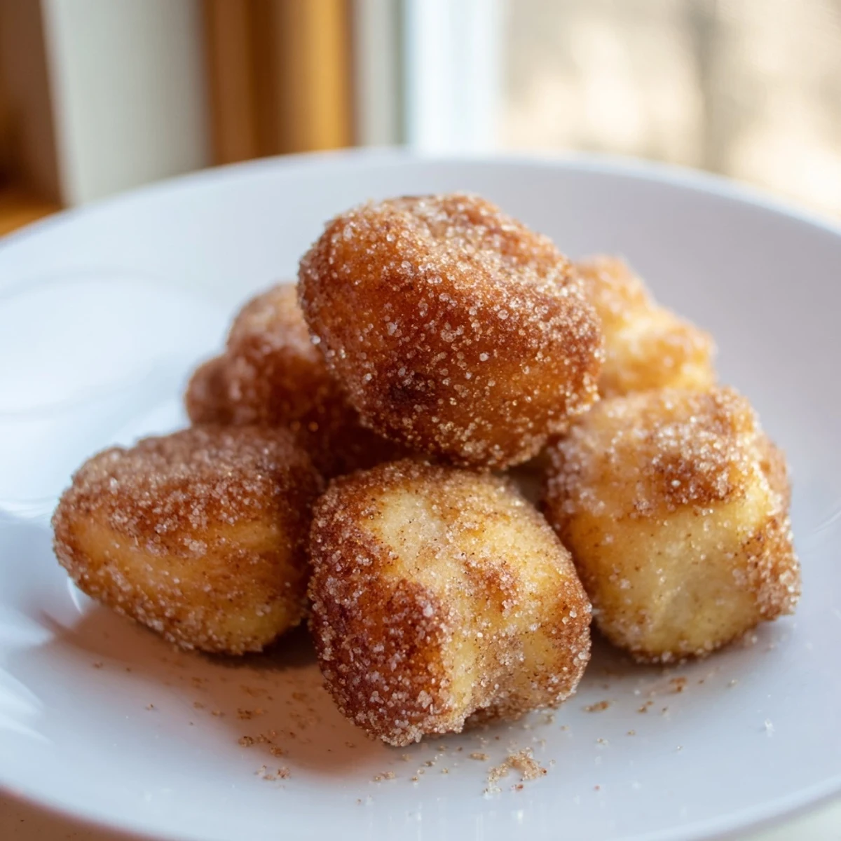 Warm, golden-brown air fryer cinnamon donuts sprinkled generously with cinnamon sugar, ready to eat.