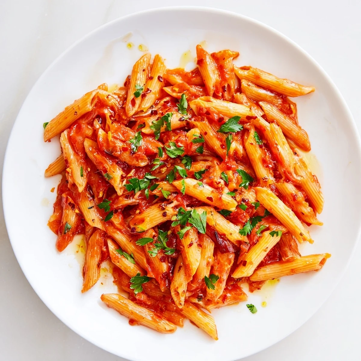 Enjoy a comforting bowl of Penne all'Arrabbiata, a vegan Italian pasta dish with chili-infused flavors.