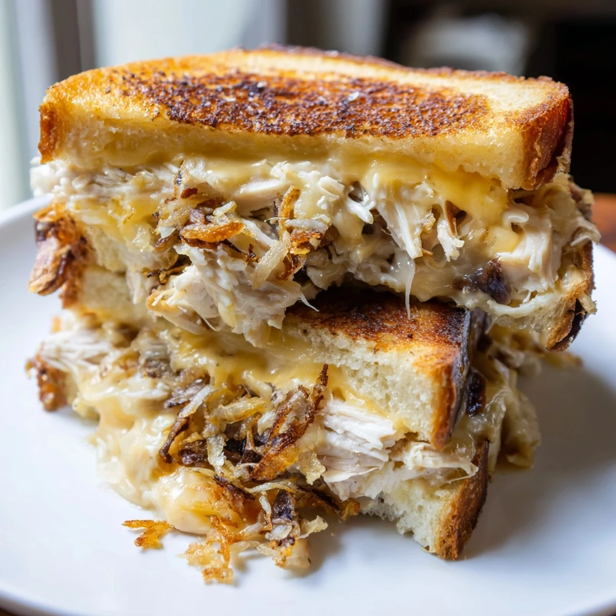 Golden Crispy Shallot Chicken Grilled Cheese, overflowing with melted cheese and crispy fried shallots, ready to serve.