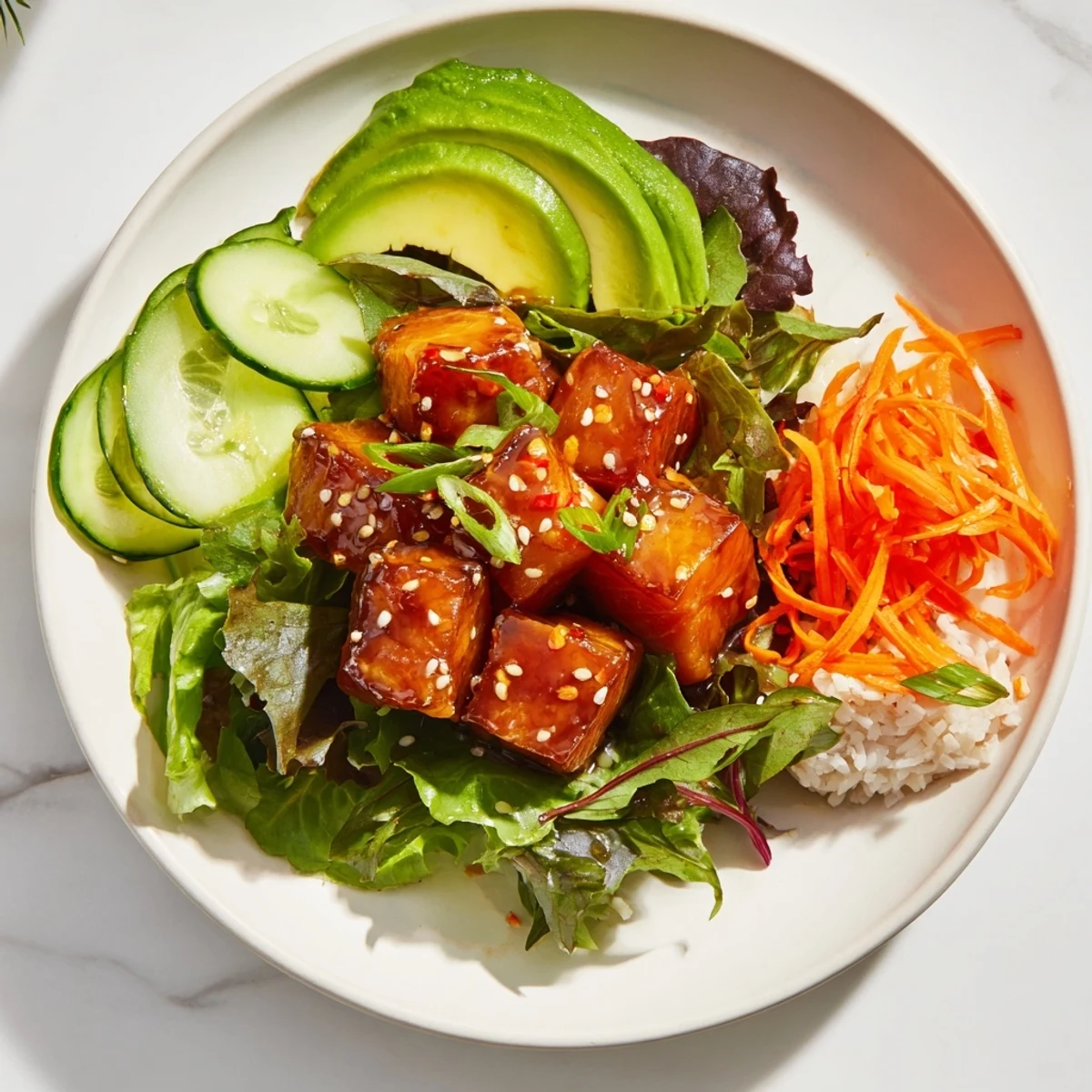 A colorful, close-up shot of a delicious Poke Bowl Salad, ready for you to enjoy.
