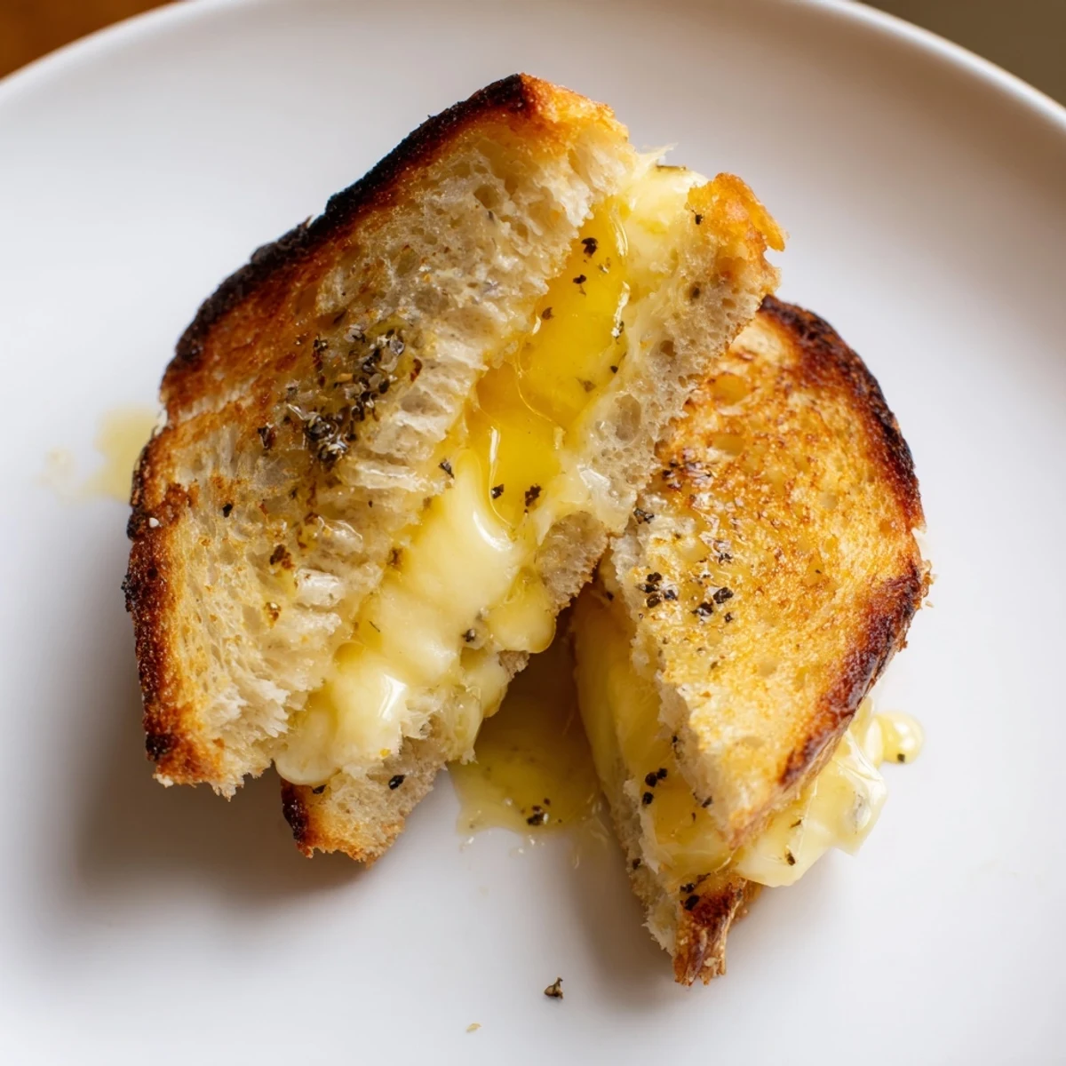 A close-up shot of a truffle oil grilled cheese reveals bubbling cheese and crusty bread.