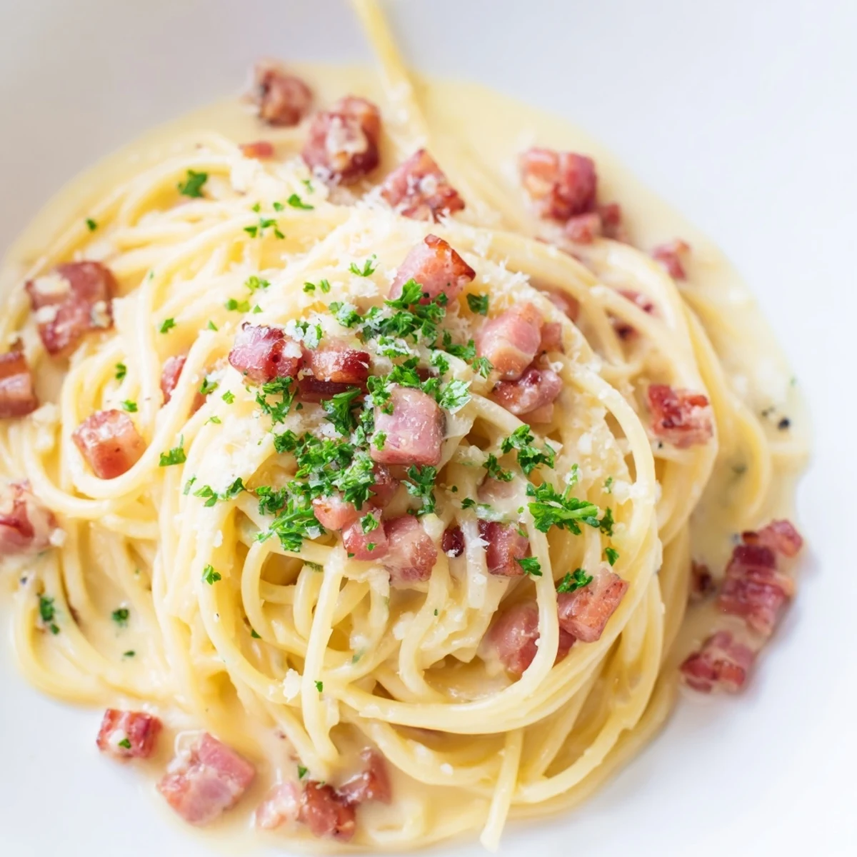 Creamy Garlic Bacon Pasta glistening with creamy sauce and crispy bacon bits, ready to enjoy.
