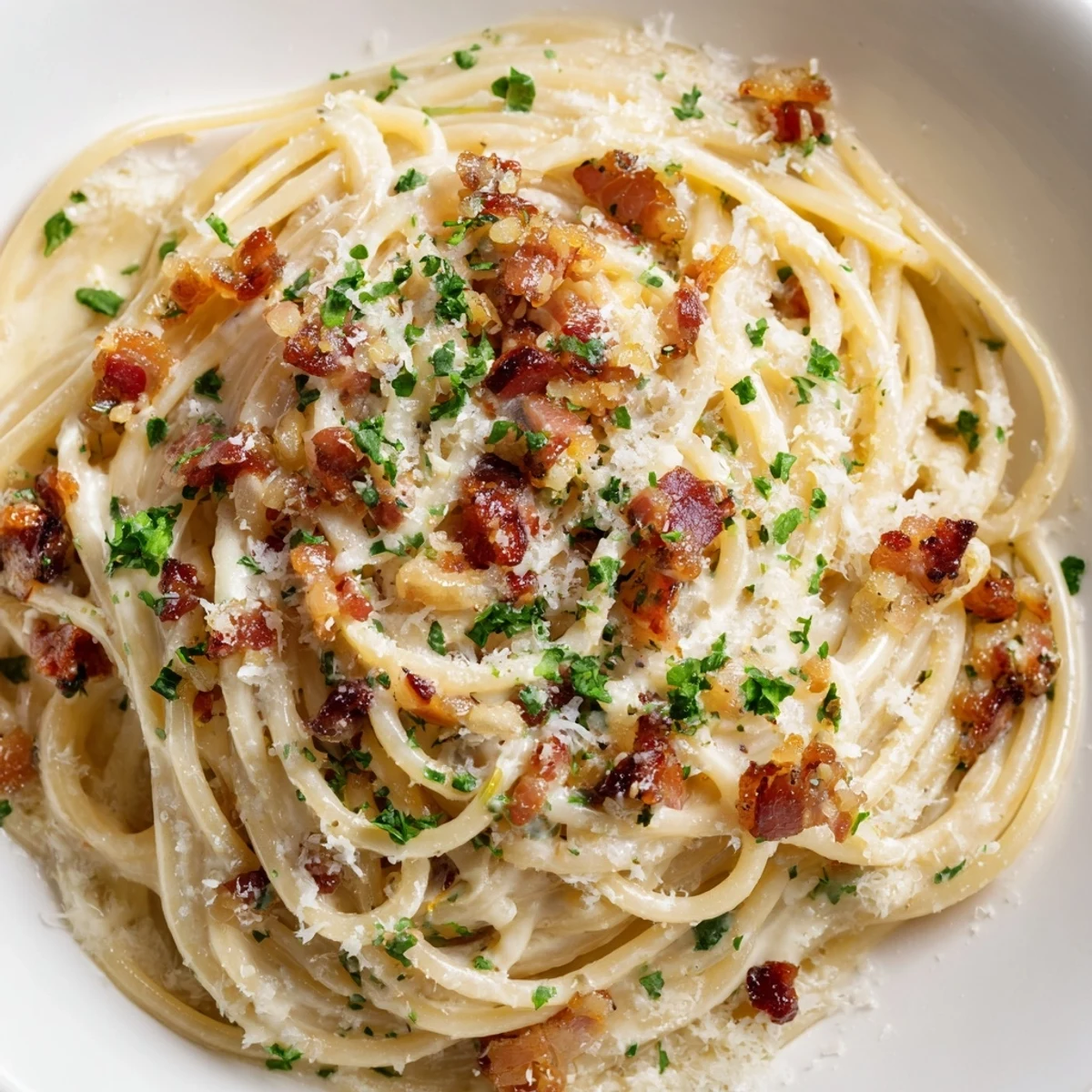 This Creamy Garlic Bacon Pasta presents a comforting, Italian-inspired dish with perfect pasta strands.
