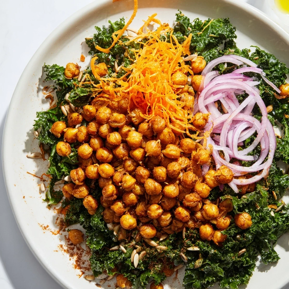 This Kale Salad with Roasted Chickpeas features vibrant green kale with crunchy, spiced chickpeas and a tangy dressing.