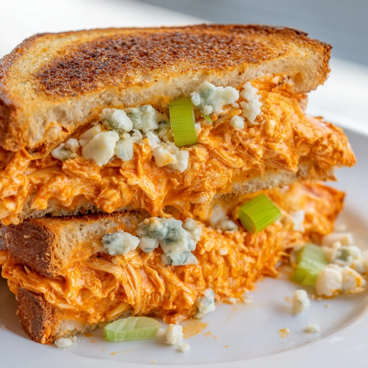 Golden and melty Buffalo Chicken Grilled Cheese, overflowing with buffalo chicken and blue cheese.