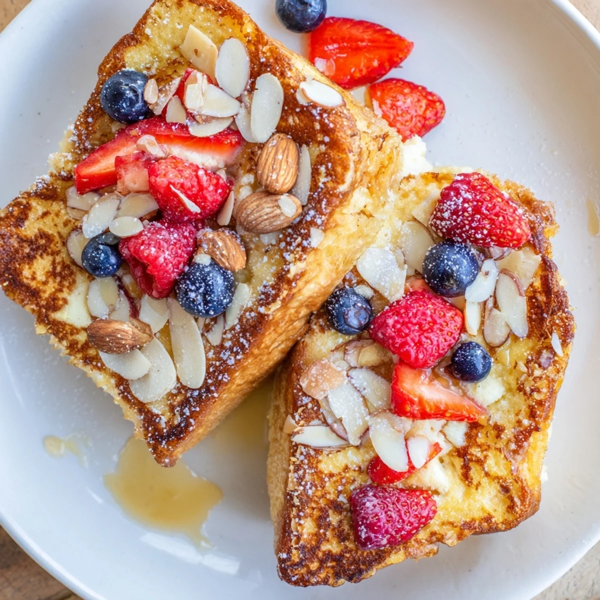 Golden-brown custard toast, served warm with fresh berries, offers a cozy breakfast.