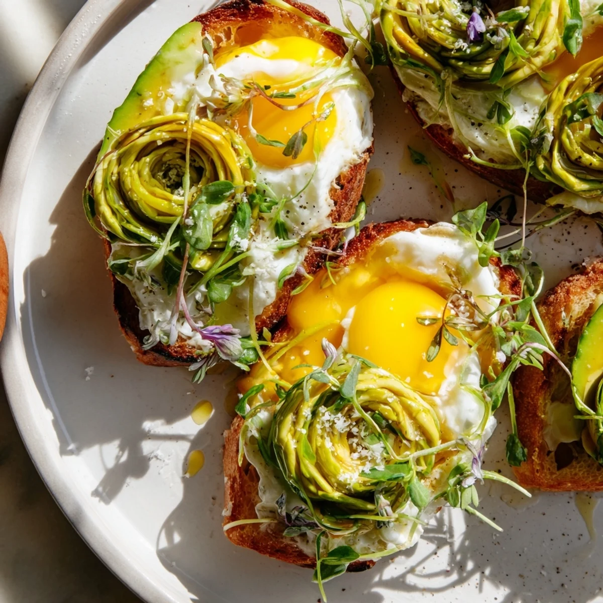 Fluffy cloud toast 2.0 with golden egg whites, avocado roses, and a drizzle of honey, delicious.